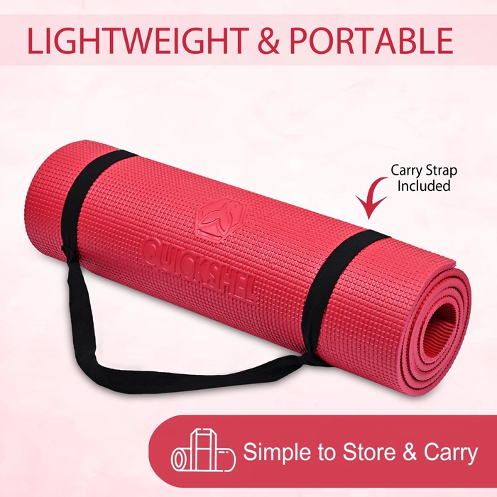 Quick Shel Yoga mats Exercise Mat Anti-Skid Water/Dirt Proof Lightweight easy to Carry for home and gym workouts for men women children with Carry Strap (Red) (2fts x 6fts) (6mm Thickness)