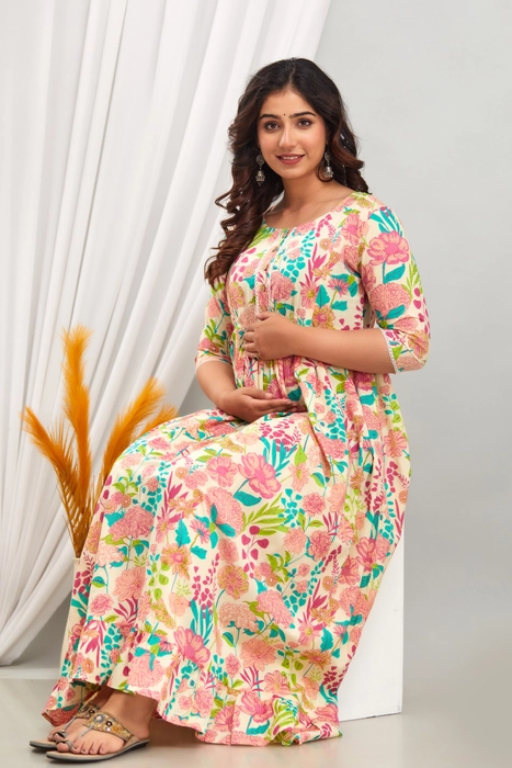 Floral Printed Cotton Maternity Dress for Women with Front Button Detailing