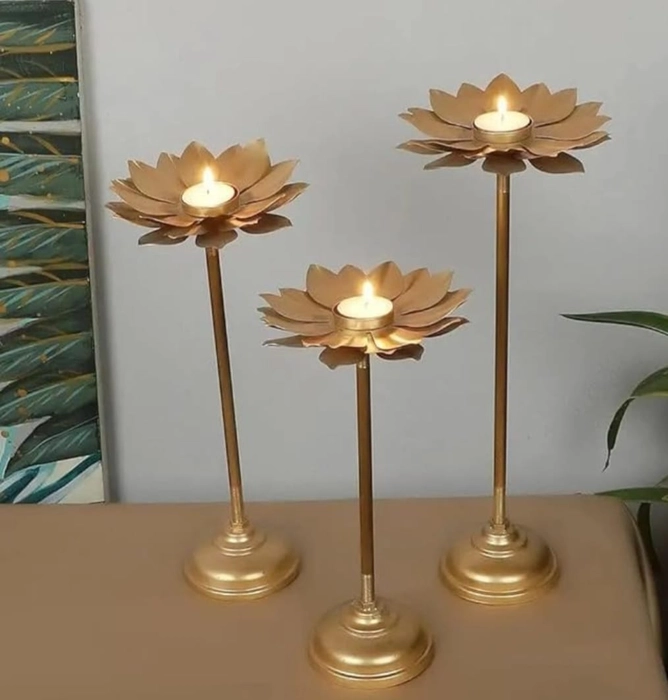 Ekum lotus stand diya (set of 3); Metal Art