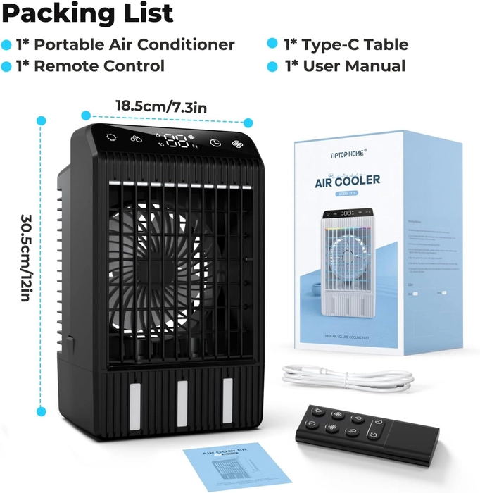 Climatiseur Mobile avec Ecran, 1000 ml Refroidisseur D'air, 4-EN-1 Ventilateur Humidificateur Mini Clim avec Double Pulvérisation et Lumière, 4 Vitesses de Synchronisation Climatiseurs Portables