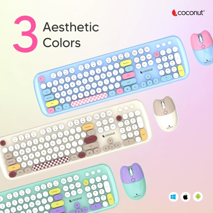 Coconut Daisy Retro Wireless Keyboard & Mouse Combo with Typewriter Round Keys, Dual Wireless Mode (Bluetooth + 2.4GHz), Silent Keys, Multi-Device Support – Available in 3 Aesthetic Colors