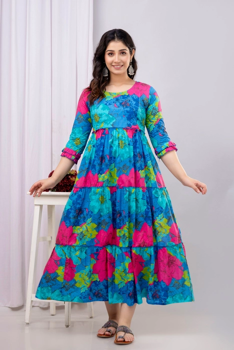 Henal Blue Multicolor Floral Cotton Maternity Dress – Bold & Breezy Pregnancy Maxi