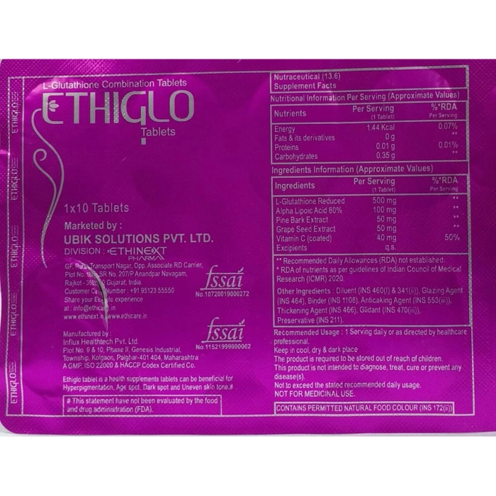 Ethiglo Skin Whitening Tablets Strip of 10