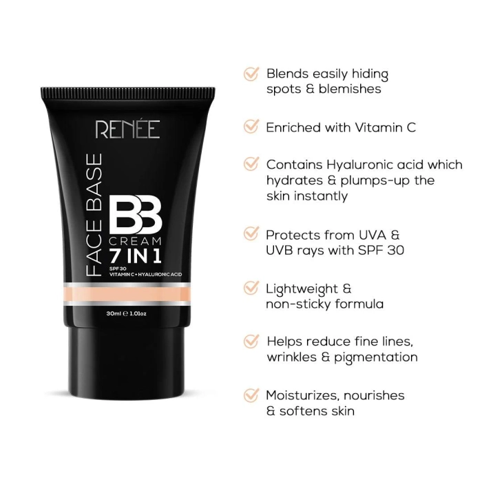 RENEE Face Base 7 in 1 BB Cream with SPF 30, Hyaluronic Acid & Vitamin C