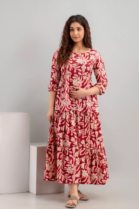 Henal Maroon Floral Cotton Maternity Maxi Dress – Stylish Comfort for Moms-to-Be