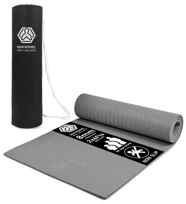 Quick Shel Extra Thick 8mm Thickness Yoga mats Exercise Mat Anti-Skid 8mm thickness Water/Dirt Proof Lightweight easy to Carry for home and gym workouts for men women children with Carry Bag (Grey) (2