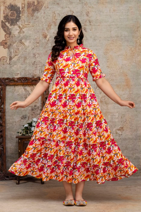 Henal Sunset Bloom Maternity Dress – Orange & Pink Floral Cotton Maxi for Moms