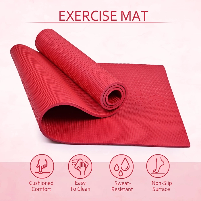 Quick Shel Yoga mats Exercise Mat Anti-Skid Water/Dirt Proof Lightweight easy to Carry for home and gym workouts for men women children with Carry Bag (Red) (2fts x 6fts) (6mm Thickness)