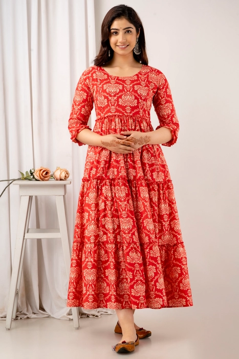 Red Ethnic Printed Cotton Maternity Dress – Anarkali Style with 3/4 Sleeves