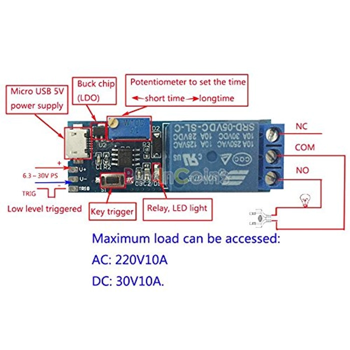 5V-30V Micro USB Power Adjustable Delay Relay Timer Control Module Trigger Delay Switch