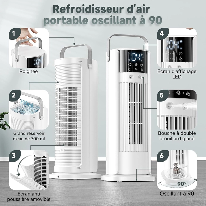 Climatiseur Mobile 5 en 1- Climatisation Portable Silencieux,Rafraichisseur d'air,Faible Conso,4 Vitesses 2 Modes de Pulvérisation,700ml,Télécommande pour Chambre,Bureau,Cuisine [Classe énergétique A+