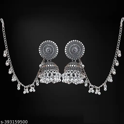Jhumka Set Bahubali Jumka with hair chain Earrings for Women Oxidized Silver Jumka for Girl Earring jhumka Bahubali oxidised silver earrings jumki long Jhumka earring Silver jumki earrings Oxidised Si