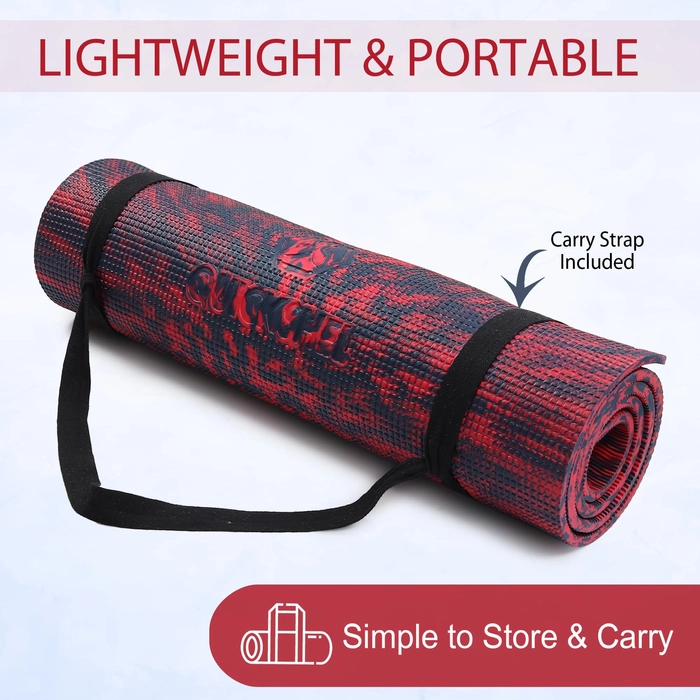 QUICKSHEL (EVA + TPE) 4MM Premium Marble Design Yoga Mat for women men Anti-Skid Lightweight Easy to Carry & Fold, Easy to hold with Carry Strap (Proudly Made in India) (2Fts x 6Fts) (Color-Red & Blue