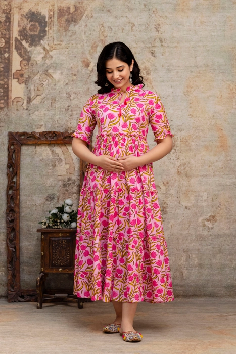 Henal Pink Bloom Floral Cotton Maternity Dress – Soft, Stylish & Bump-Friendly