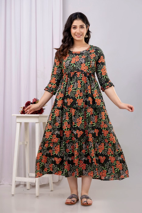 Henal Dark Green Floral Maternity Dress – Pure Cotton Comfort for Moms-to-Be