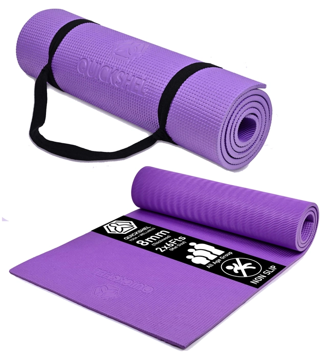 Quick Shel Extra Thick 8mm Thickness Yoga mats Exercise Mat Anti-Skid Water/Dirt Proof Lightweight easy to Carry for home and gym workouts for men women children with Carry Strap (Purple) (2fts x 6fts