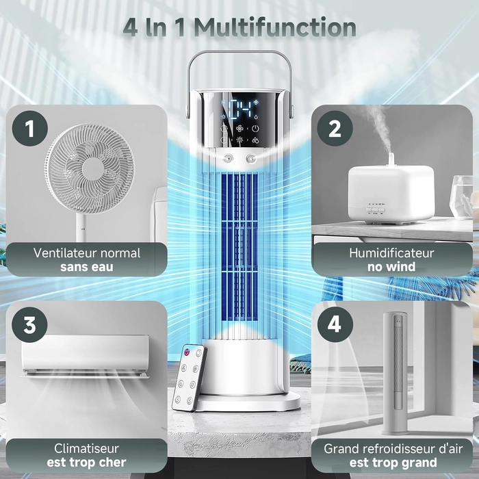 Climatiseur Mobile 5 en 1- Climatisation Portable Silencieux,Rafraichisseur d'air,Faible Conso,4 Vitesses 2 Modes de Pulvérisation,700ml,Télécommande pour Chambre,Bureau,Cuisine [Classe énergétique A+