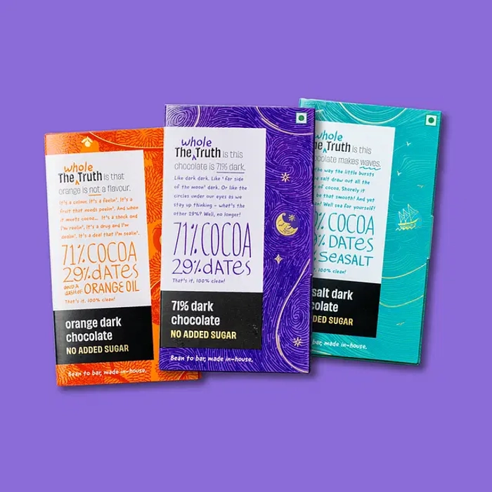 71% Dark Chocolate Sweetened with Dates - Pack of 3 - The Whole Truth Foods