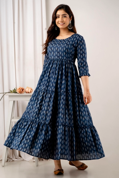 Navy Blue Handblock Printed Cotton Maternity Dress – Tiered Anarkali with 3/4 Sleeves