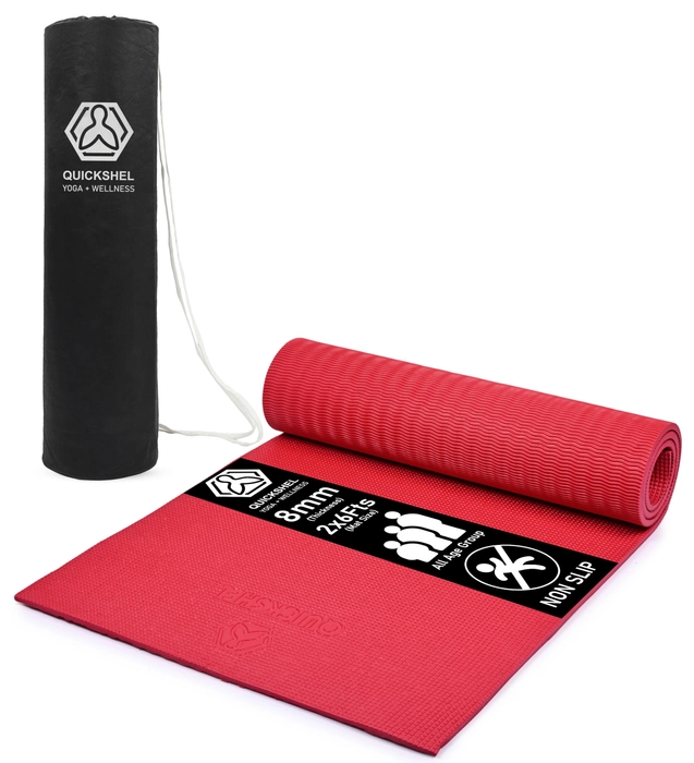 Quick Shel Extra Thick 8mm Thickness Yoga mats Exercise Mat Anti-Skid 8mm thickness Water/Dirt Proof Lightweight easy to Carry for home and gym workouts for men women children with Carry Bag (Red) (2f