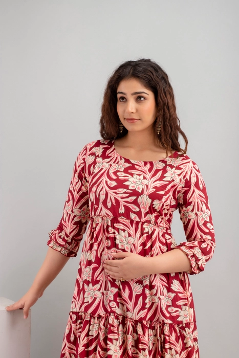 Henal Maroon Floral Cotton Maternity Maxi Dress – Stylish Comfort for Moms-to-Be