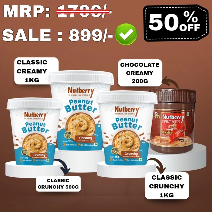 BEST COMBO OFFER CLASSIC CREAMY 1KG, CLASSIC CRUNCHY 1KG + 500GM, CHOCOLATE CREAMY 200GM PEANUT BUTTER