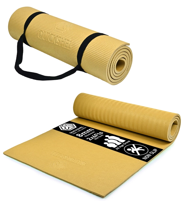 Quick Shel Extra Thick 8mm Thickness Yoga mats Exercise Mat Anti-Skid Water/Dirt Proof Lightweight easy to Carry for home and gym workouts for men women with Carry Strap (Color - Tan) (2fts x 6fts)