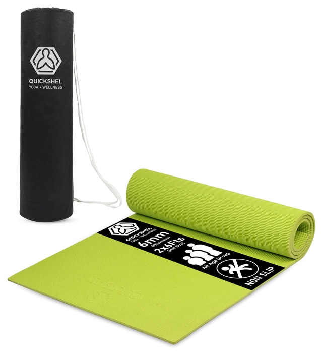 Quick Shel Yoga mats Exercise Mat Anti-Skid Water/Dirt Proof Lightweight easy to Carry for home and gym workouts for men women children with Carry Bag (Green) (2fts x 6fts) (6mm Thickness)