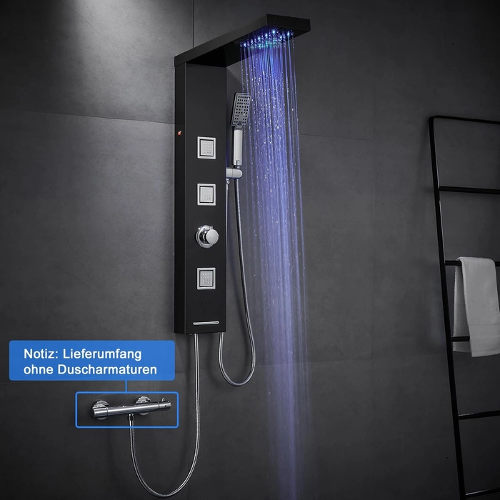 Panneau de douche LED sans robinet, panneau de douche 4 fonctions avec douche à effet pluie LED, 3 buses de massage, douchette à main et bec de baignoire, colonne de douche en acier