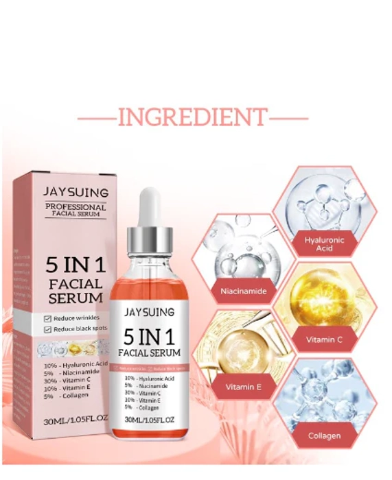 5 IN 1 FACIAL SERUM WITH HYALURONIC ACID, NIACINAMIDE, COLLAGEN, VITAMIN C & E - 30 ML