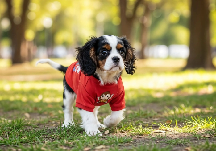 Red Cotton T-Shirt with Cartoon Print for Dogs