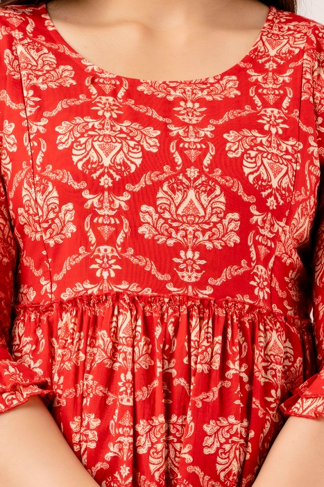 Red Ethnic Printed Cotton Maternity Dress – Anarkali Style with 3/4 Sleeves