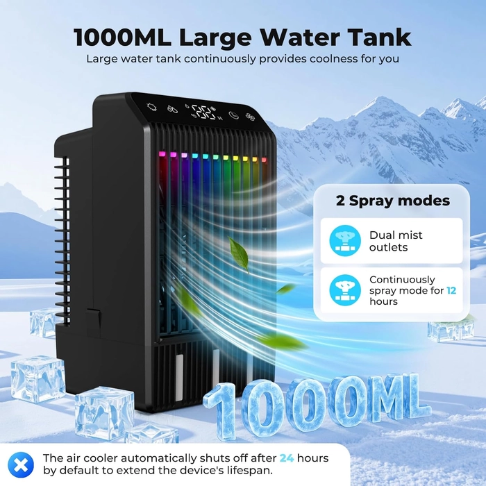 Climatiseur Mobile avec Ecran, 1000 ml Refroidisseur D'air, 4-EN-1 Ventilateur Humidificateur Mini Clim avec Double Pulvérisation et Lumière, 4 Vitesses de Synchronisation Climatiseurs Portables
