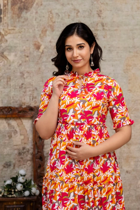 Henal Sunset Bloom Maternity Dress – Orange & Pink Floral Cotton Maxi for Moms