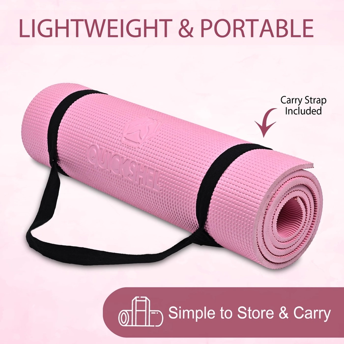 Quick Shel Yoga mats Exercise Mat Anti-Skid Water/Dirt Proof Lightweight easy to Carry for home and gym workouts for men women children with Carry Strap (Pink) (2fts x 6fts) (6mm Thickness)