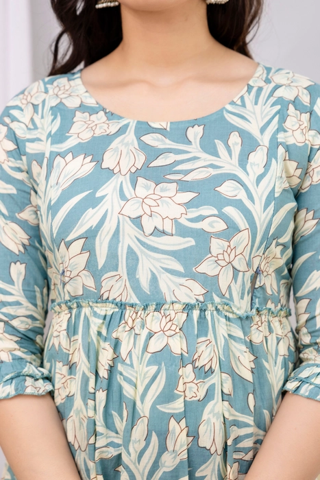 Sage Green Floral Cotton Maternity Dress – Tiered Maxi with Ruffle Sleeves