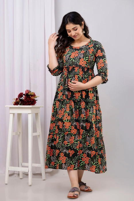 Henal Dark Green Floral Maternity Dress – Pure Cotton Comfort for Moms-to-Be