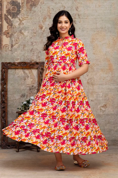 Henal Sunset Bloom Maternity Dress – Orange & Pink Floral Cotton Maxi for Moms