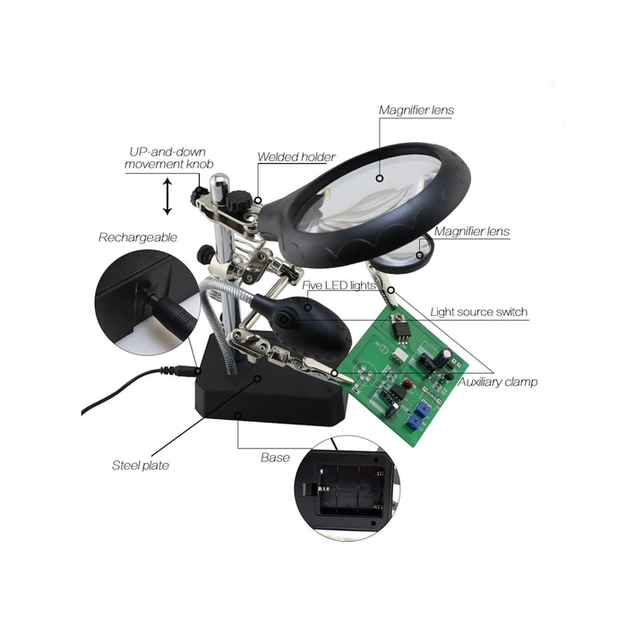 TE-801 Multi-function LED Magnifier PCB Soldering iron Stand Holder Table Magnifying glass 35X 12X w/ 2-LED Light