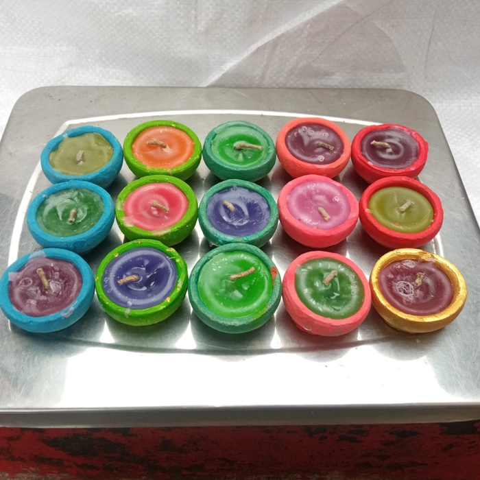 Swadeshi Candle Color diye | Natural Clay Traditional Diwali Ke Mom Diye | Mitti Ke mom Diye | Diyas for Occasions | Handmade Scented Tealight Candles, Multi-Coloured Holders, Set of 15