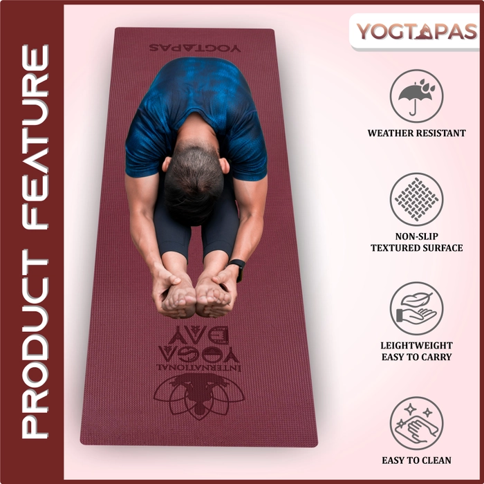 YOGTAPAS 6MM Thick | International Yoga Day Yoga Mat with Bag For Women and Men | Anti-Skid Exercise Printed Mat Extra Long & Wide (Color - Wine)(Mat Size - 2fts x 6fts)