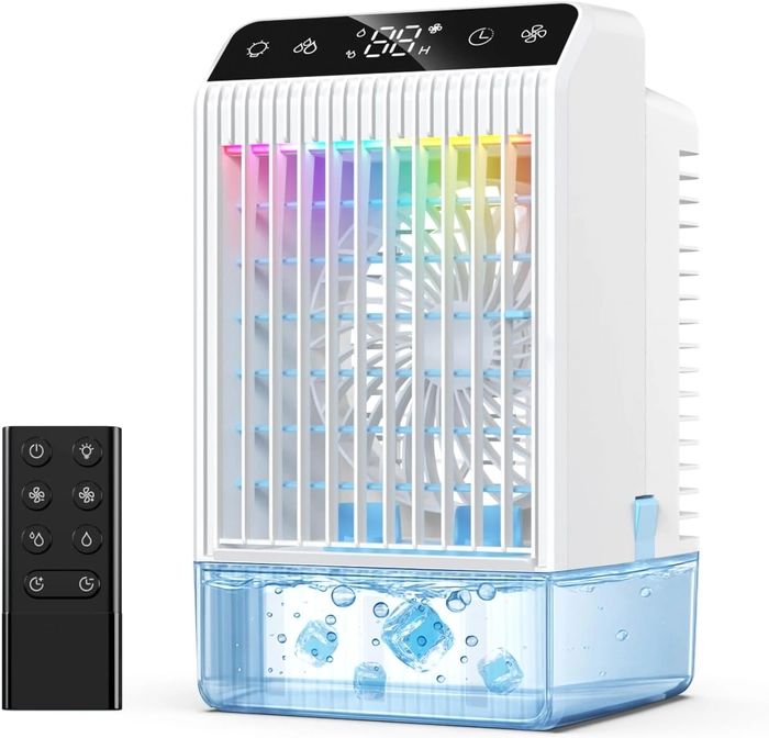 Climatiseur Mobile avec Ecran, 1000 ml Refroidisseur D'air, 4-EN-1 Ventilateur Humidificateur Mini Clim avec Double Pulvérisation et Lumière, 4 Vitesses de Synchronisation Climatiseurs Portables