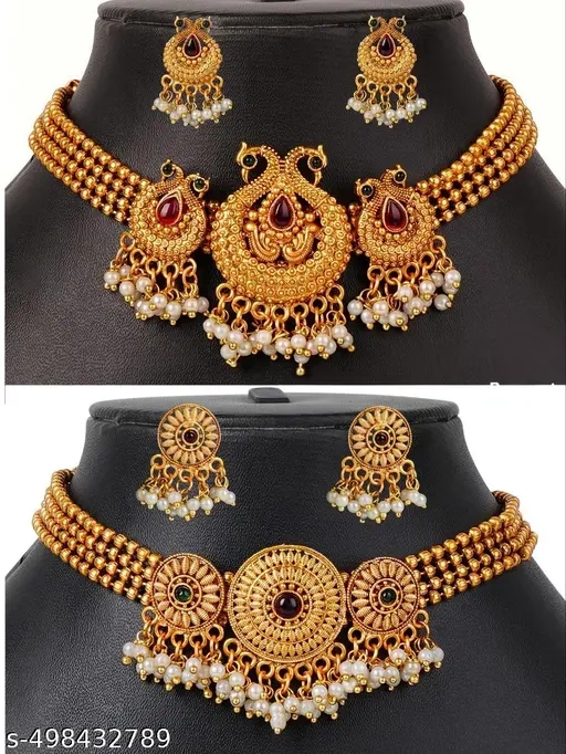2 - Set Gold Plated Choker Necklace Set Wedding & Engagment & Party for Women And Girls [2-Set]