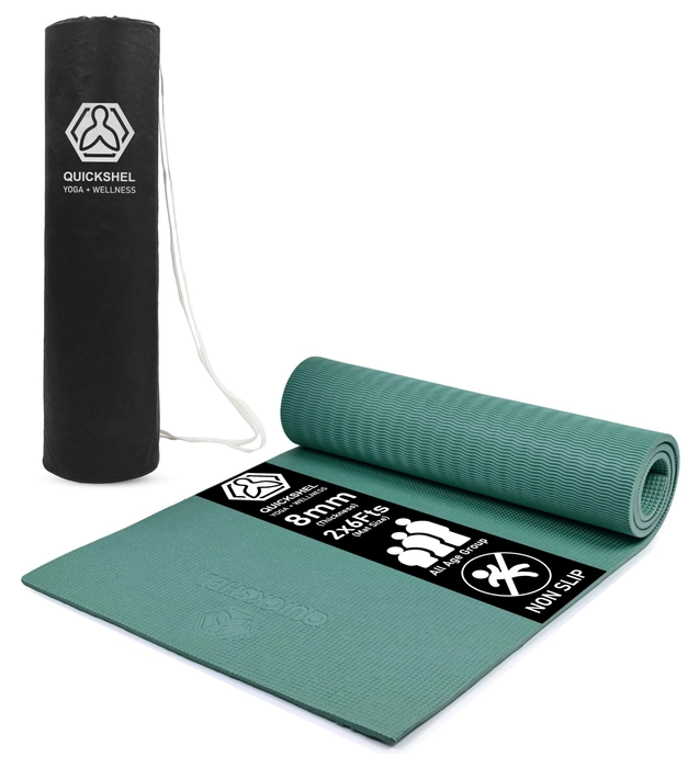 QUICK SHEL Yoga Mat - 8mm Thick, Anti-Skid, Water/Dirt Proof, Lightweight Exercise Mat for Men, Women & Kids | Textured Surface | Color - Bottle Green | Material - EVA | 2x6ft Size