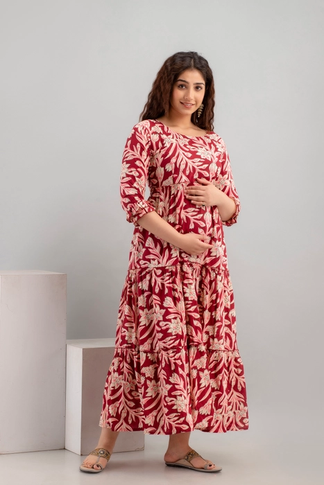 Henal Maroon Floral Cotton Maternity Maxi Dress – Stylish Comfort for Moms-to-Be