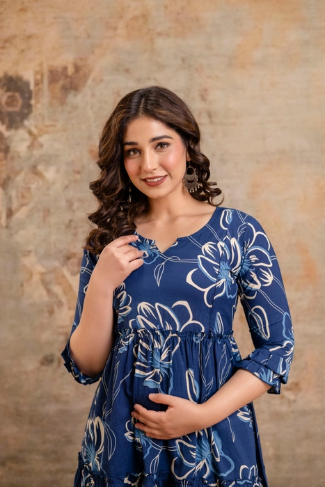 Henal Maternity Floral Printed Maxi Dress – Navy Blue