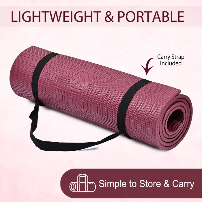 Quick Shel Yoga mats Exercise Mat Anti-Skid Water/Dirt Proof Lightweight easy to Carry for home and gym workouts for men women children with Carry Strap (Wine) (2fts x 6fts) (6mm Thickness)