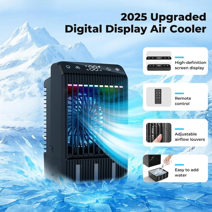 Climatiseur Mobile avec Ecran, 1000 ml Refroidisseur D'air, 4-EN-1 Ventilateur Humidificateur Mini Clim avec Double Pulvérisation et Lumière, 4 Vitesses de Synchronisation Climatiseurs Portables