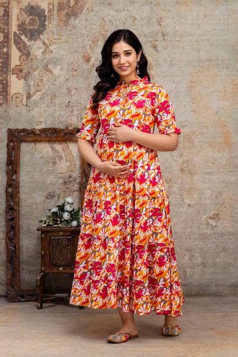 Henal Sunset Bloom Maternity Dress – Orange & Pink Floral Cotton Maxi for Moms