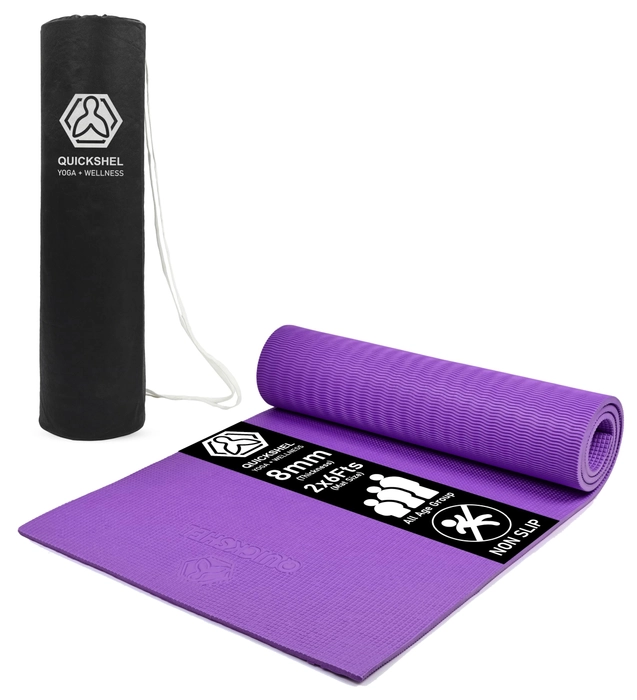 Quick Shel Extra Thick 8mm Thickness Yoga mats Exercise Mat Anti-Skid 8mm thickness Water/Dirt Proof Lightweight easy to Carry for home and gym workouts for men women children with Carry Bag (Purple)